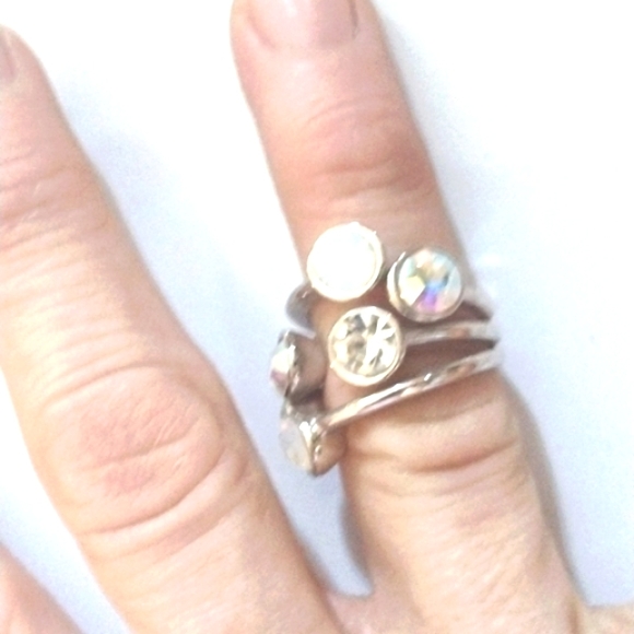 WHITE CRYSTAL, MOONSTONE, AURORA BOREALIS 3-STACK SILVER RING - SIZE 7 - Picture 5 of 8